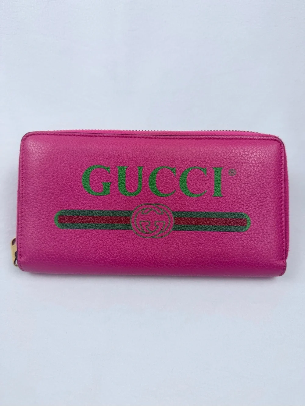 Authentic GUCCI Pink Leather Zip-Around Long Wallet with Signature Web Stripe